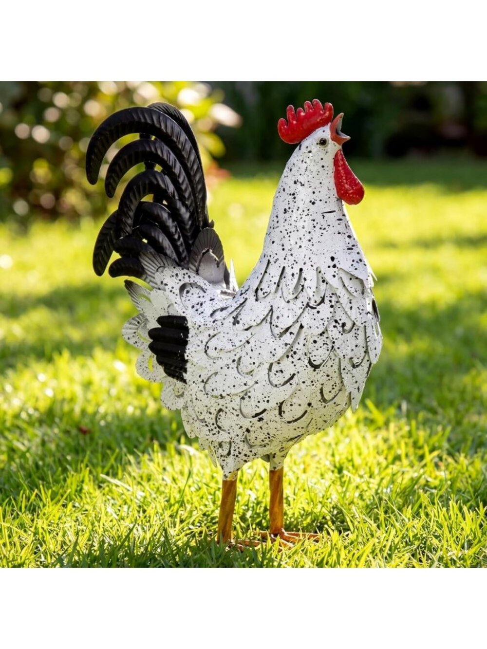 Hand-Painted Metal Rooster Statue Garden Decor, White & Black Sculpture Art